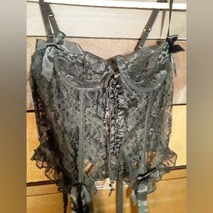 NWOT 34B Victoria's Secret Sexy Black Corset all Thigh High Clips Semi-sheer